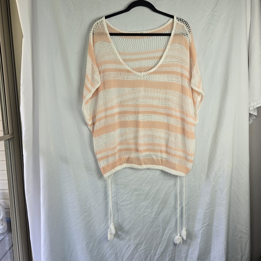 Kori Open Knit‎ Striped Top Cover Up M/L Crochet Tassle Drawstring Waist Pastel
